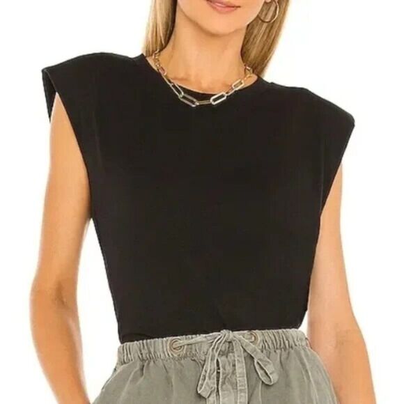 7 For All Mankind Shoulder Pad Muscle Tee T-Shirt Womens XS Black - Picture 1 of 7